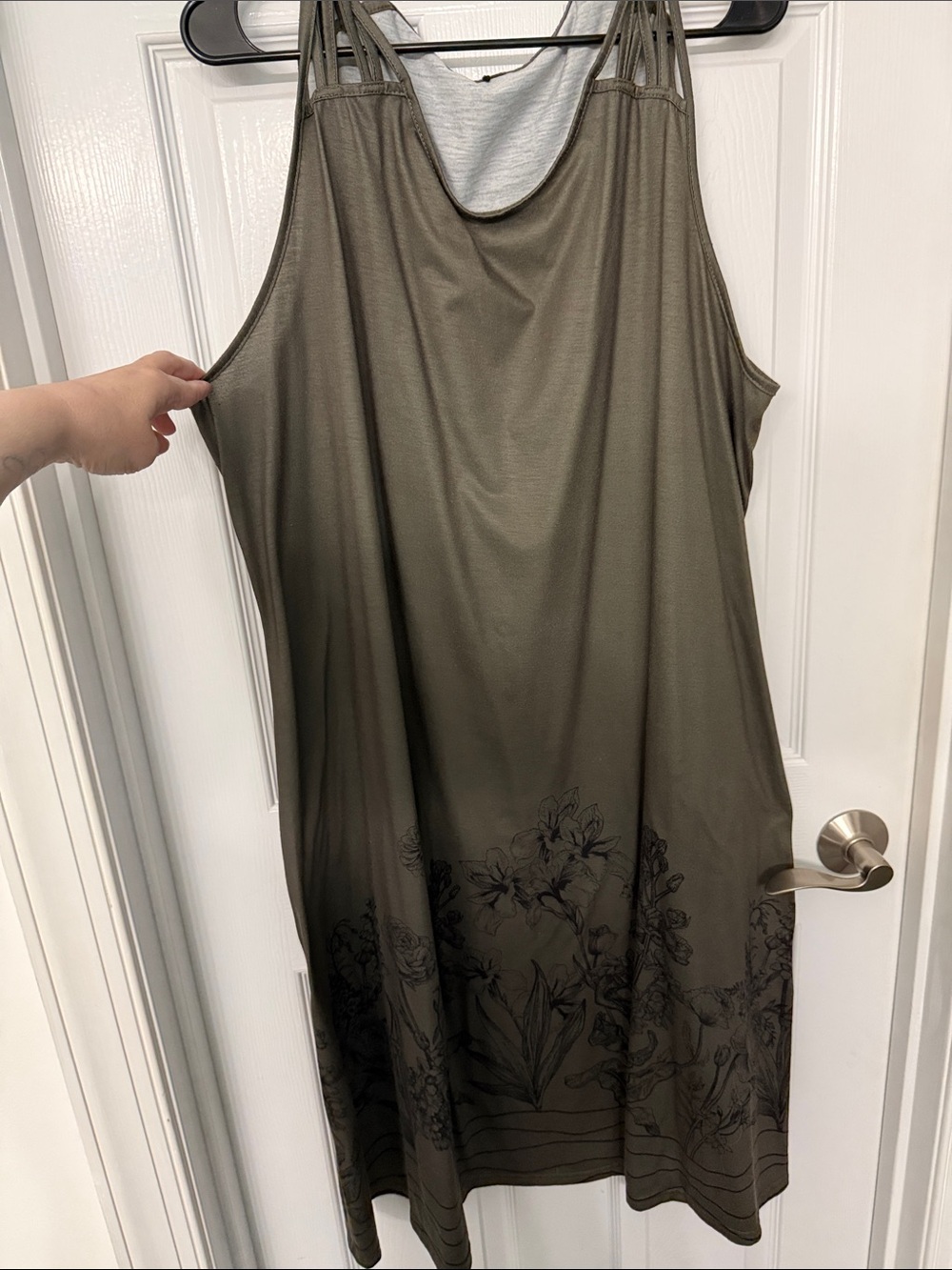 SHEIN Olive Green Midi Dress with Black Floral Hem